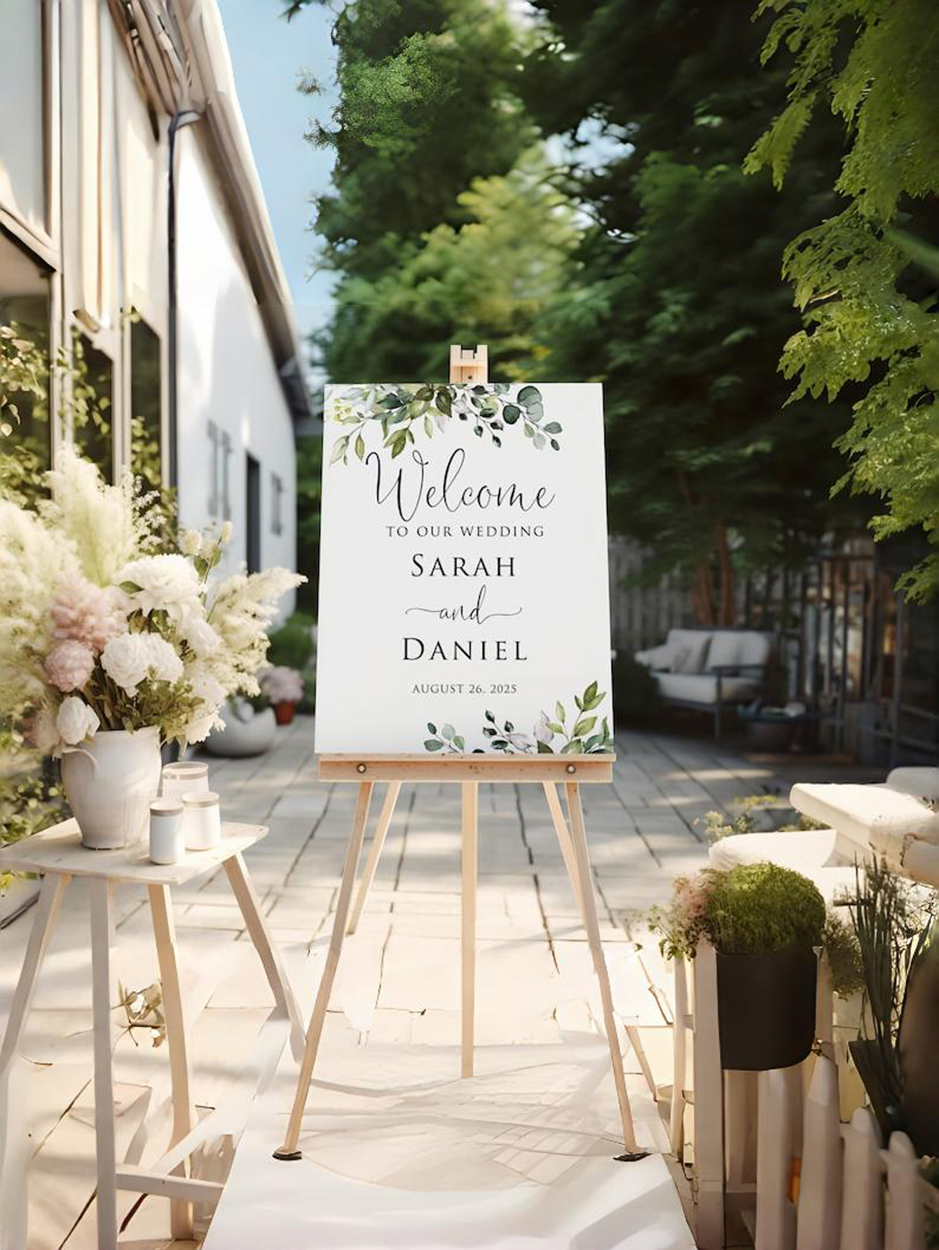 Wedding Welcome Sign Green Leaf Decoration.